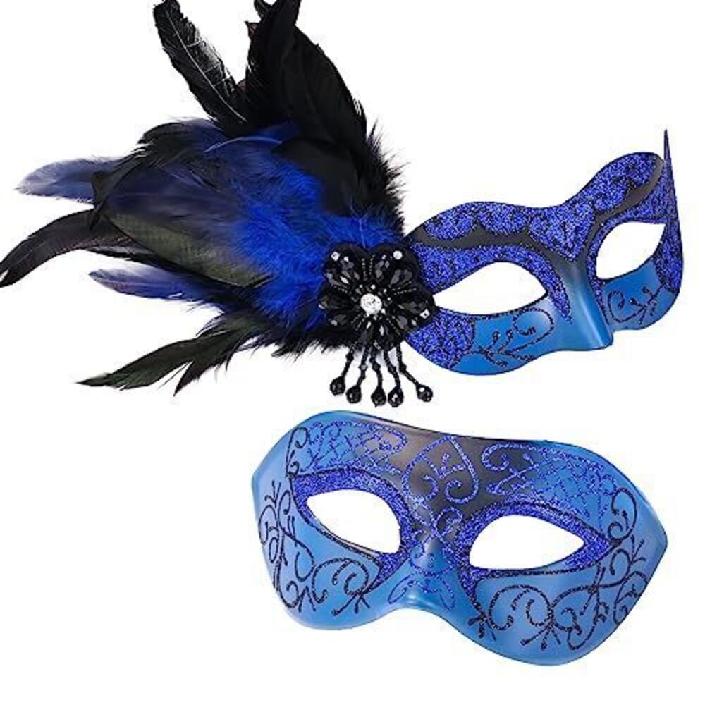 3721 Blue Masquerade Mask for Couple -Mascarade Masks with Feathers &
